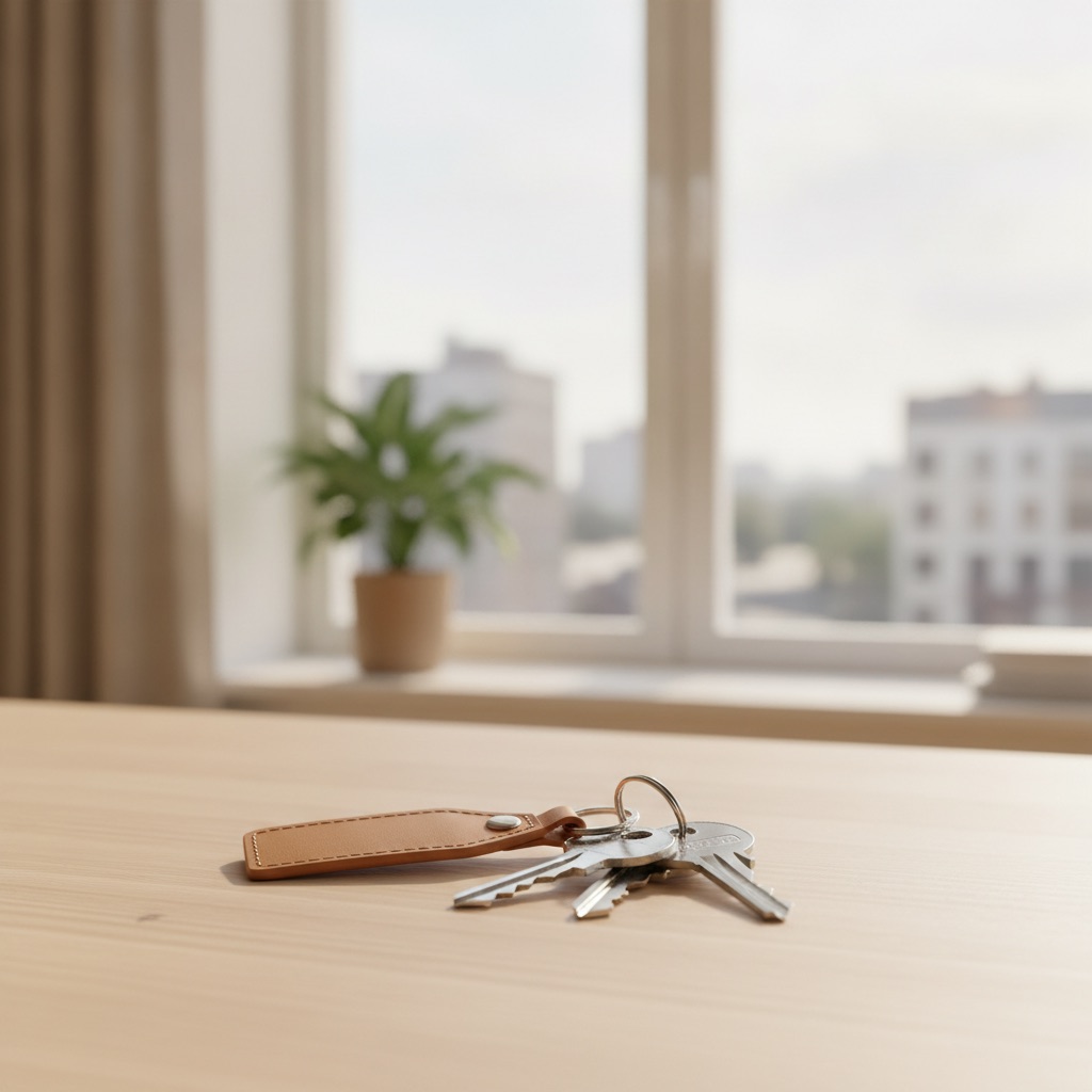 Clés d'un logement posées sur une table dans un appartement lumineux à louer en Brabant Wallon