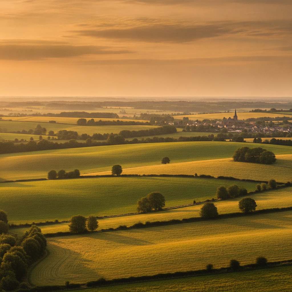 Paysage vallonné du Brabant Wallon en fin d'après-midi, champs et village au loin, territoire de l'agence Quartson